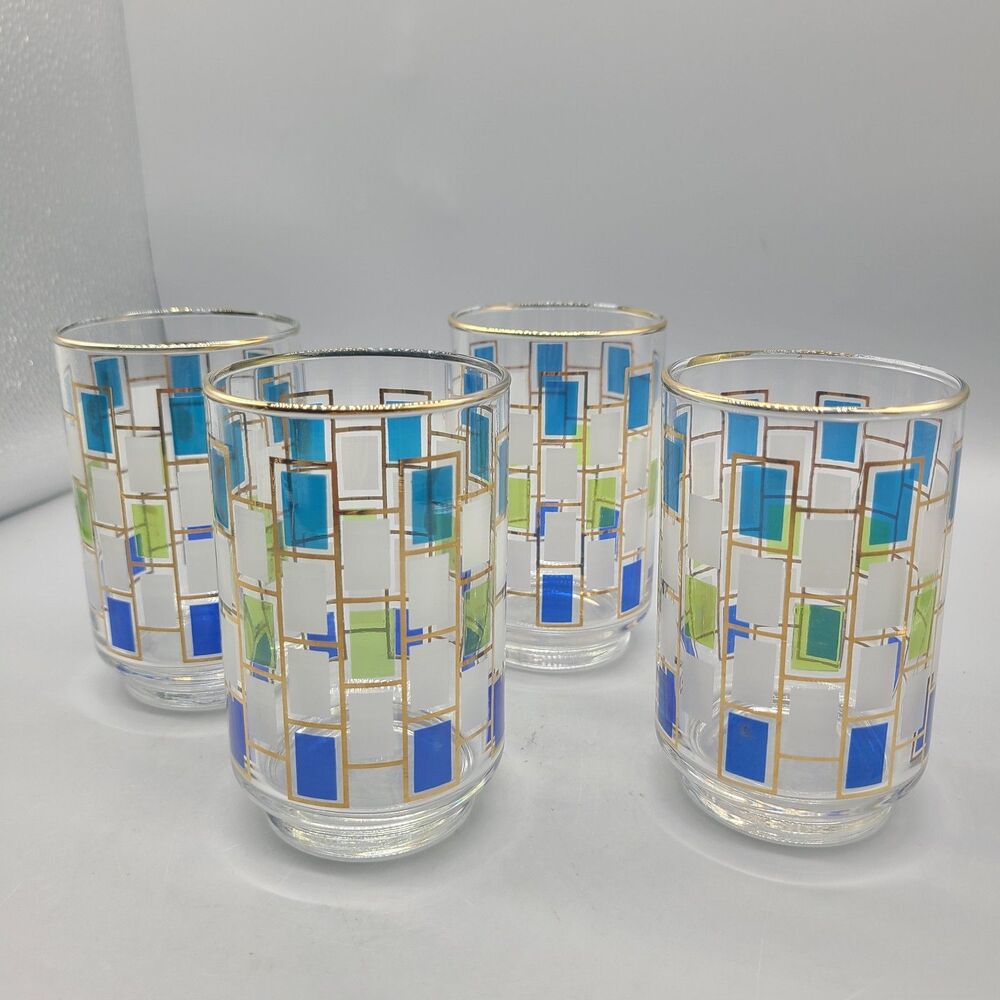 Libbey Glass Co. set (4) Nordic Tumbler Glasses 4.5" high Gold Trim Vintage